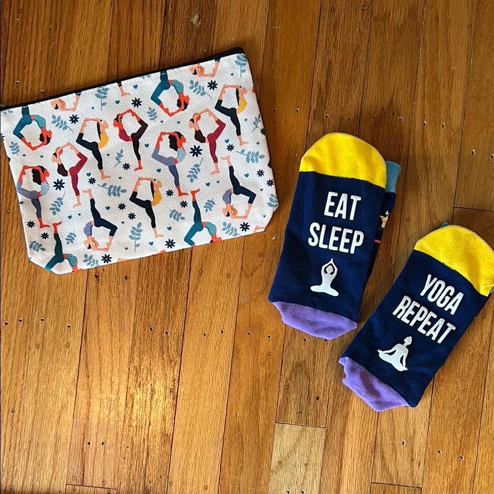 Yoga-Themed Socks - Blue and Yellow & Yoga Cosmetics Bag, NWOT